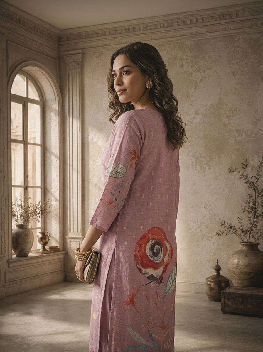 Lilac Silk Butis With Rose Digital Printed Three Piece Set