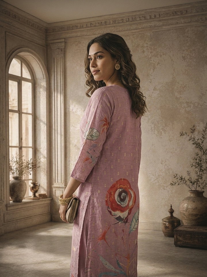 Lilac Silk Butis With Rose Digital Printed Three Piece Set