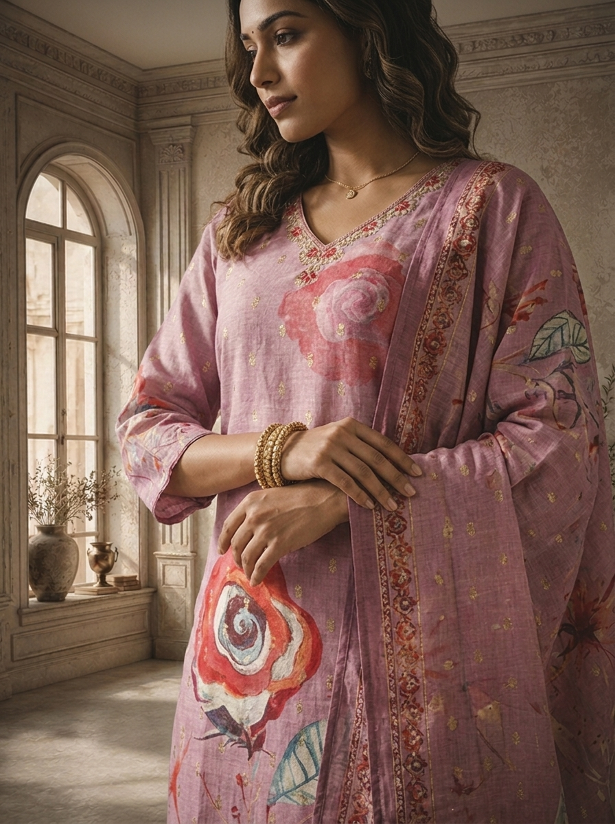 Lilac Silk Butis With Rose Digital Printed Three Piece Set