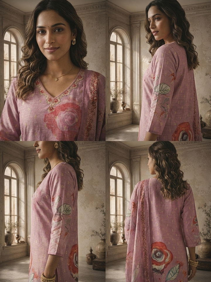 Lilac Silk Butis With Rose Digital Printed Three Piece Set