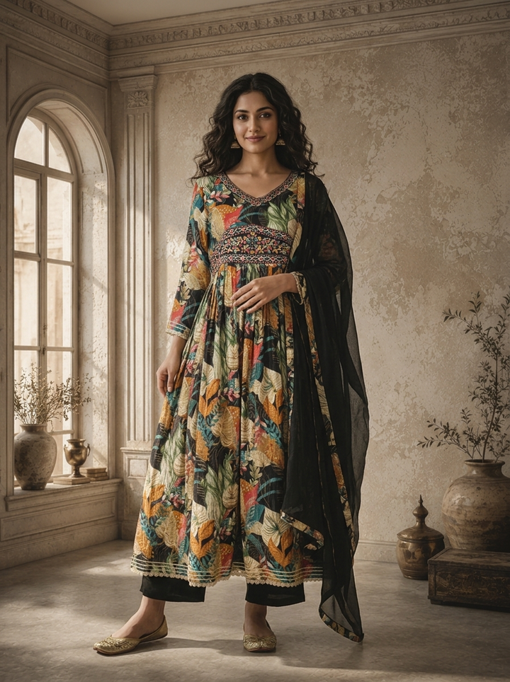 Black Rayon Tropical Monstera Leaf Printed Three Piece Set