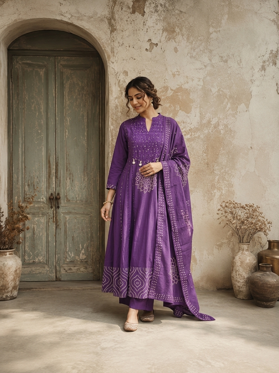 Purple Cotton Mandala Printed Three Piece Set