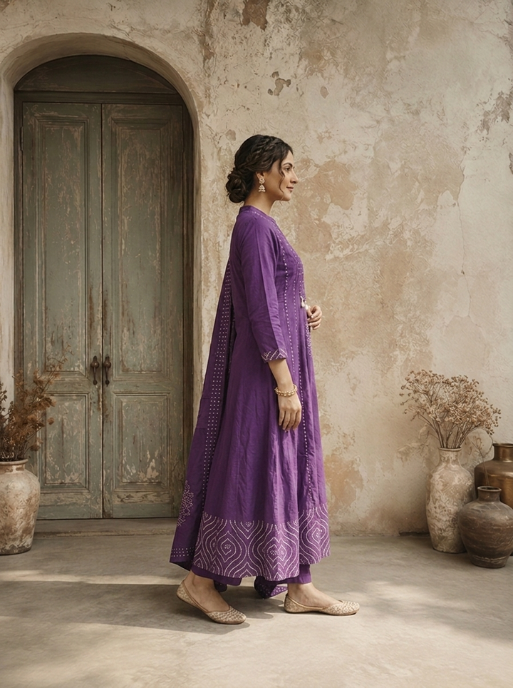 Purple Cotton Mandala Printed Three Piece Set