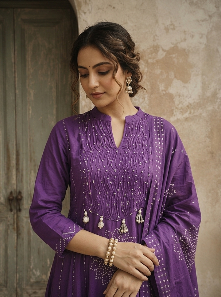 Purple Cotton Mandala Printed Three Piece Set