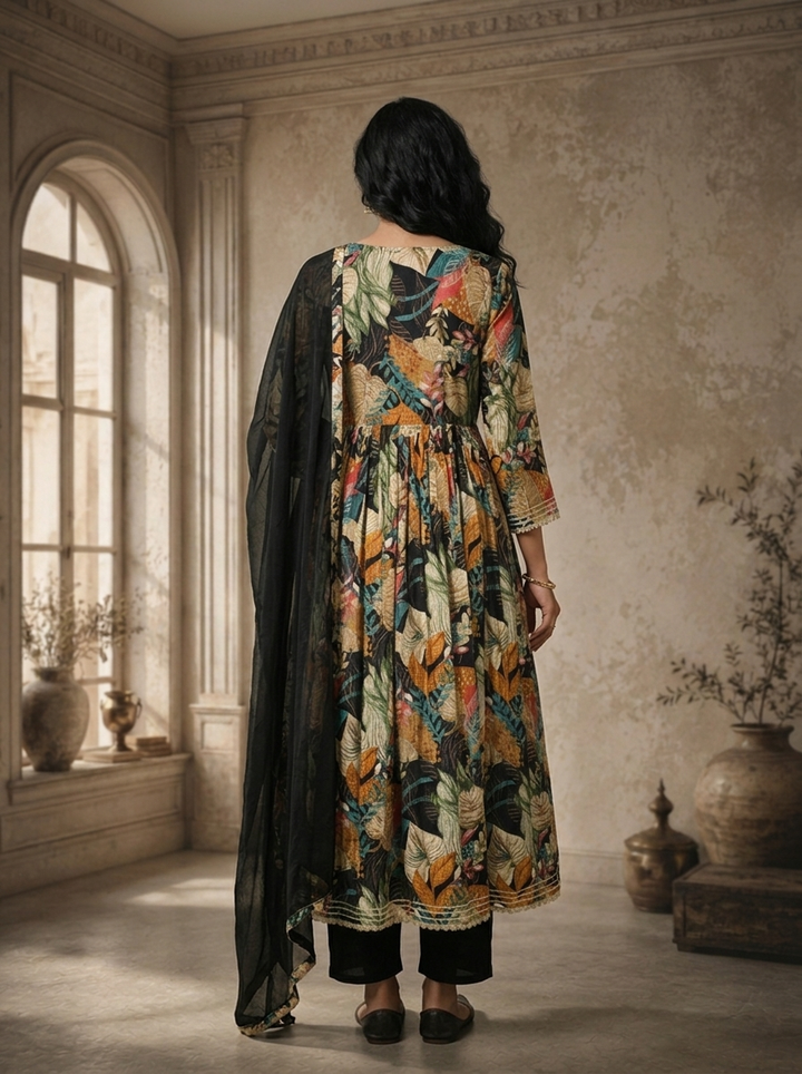 Black Rayon Tropical Monstera Leaf Printed Three Piece Set