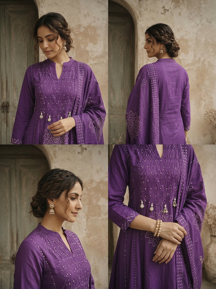 Purple Cotton Mandala Printed Three Piece Set