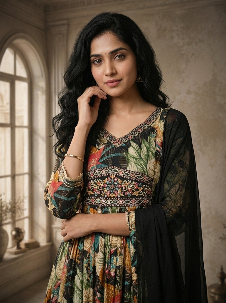 Black Rayon Tropical Monstera Leaf Printed Three Piece Set