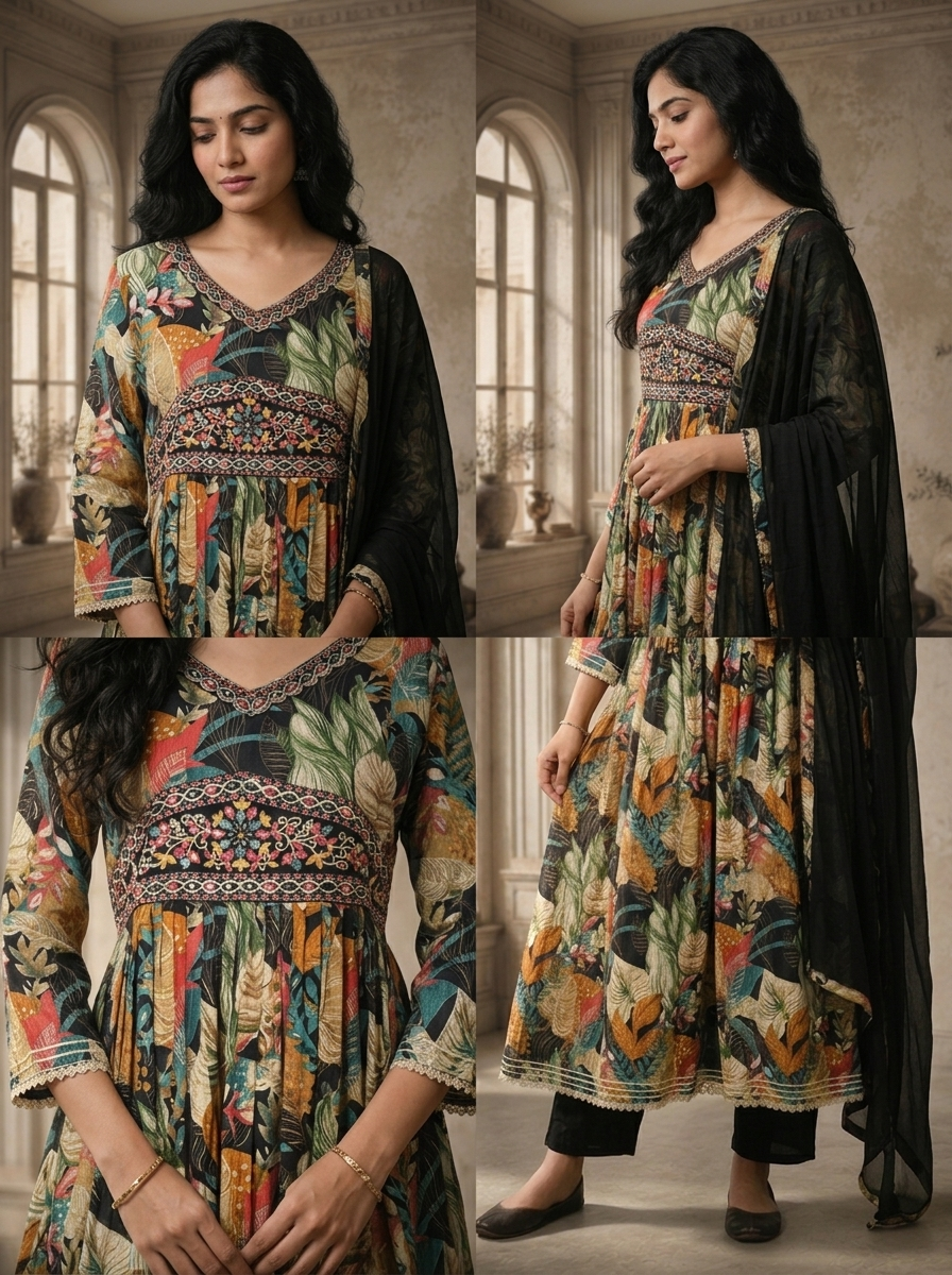Black Rayon Tropical Monstera Leaf Printed Three Piece Set