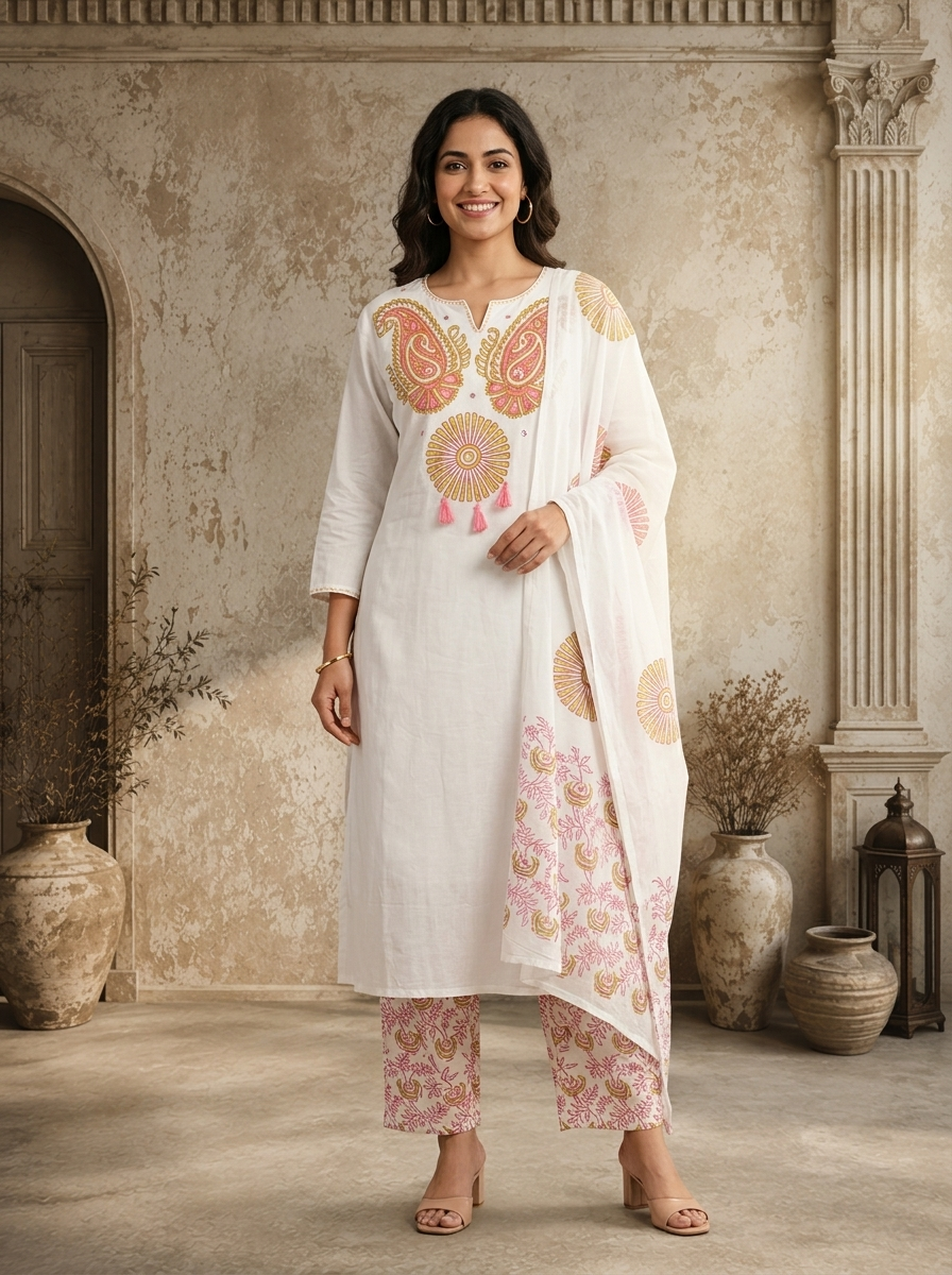 White Cotton Paisley Block Printed Three Piece Set