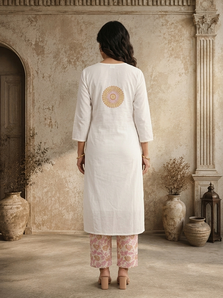 White Cotton Paisley Block Printed Three Piece Set