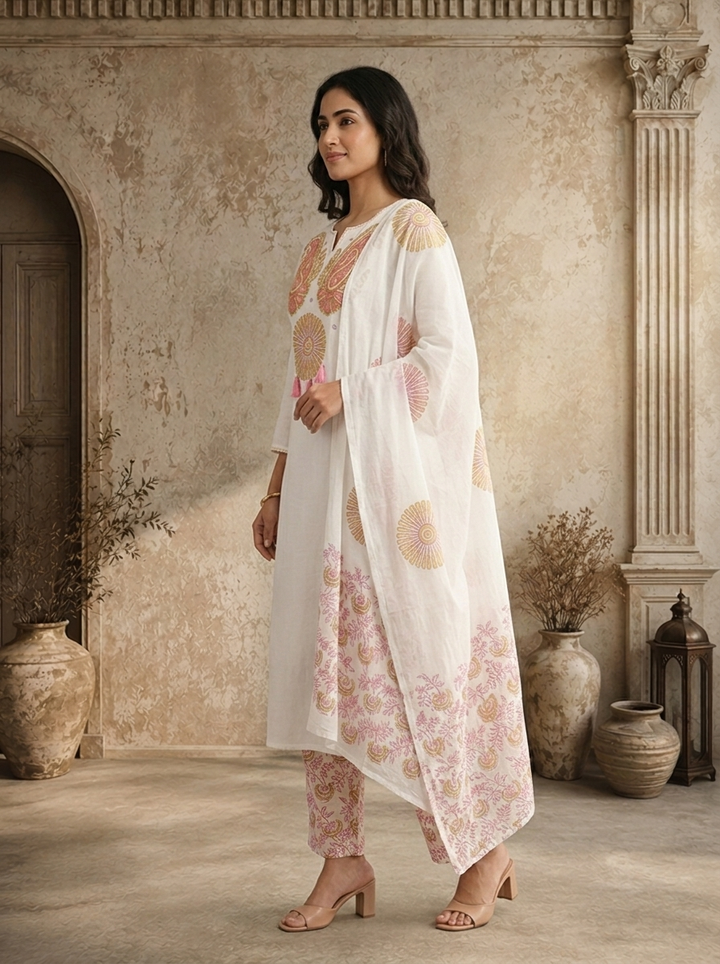White Cotton Paisley Block Printed Three Piece Set