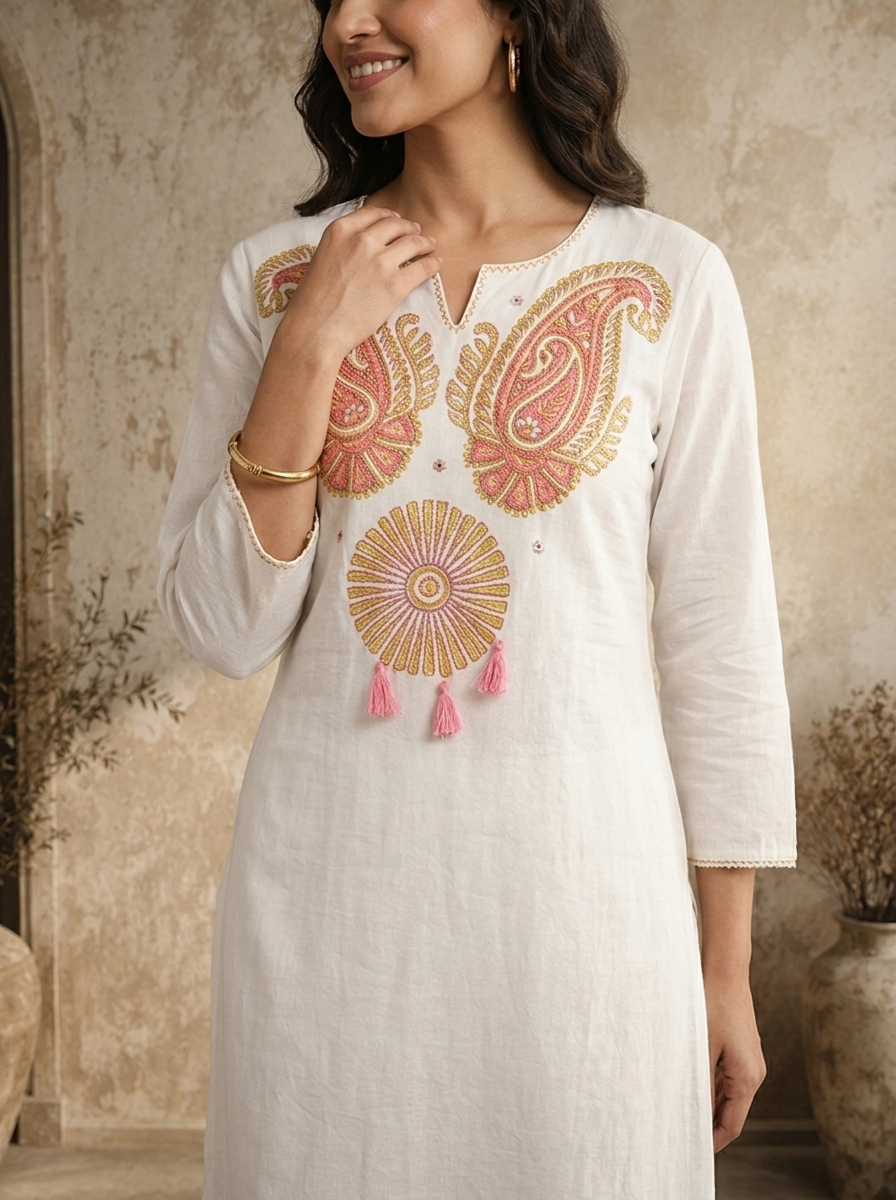 White Cotton Paisley Block Printed Three Piece Set