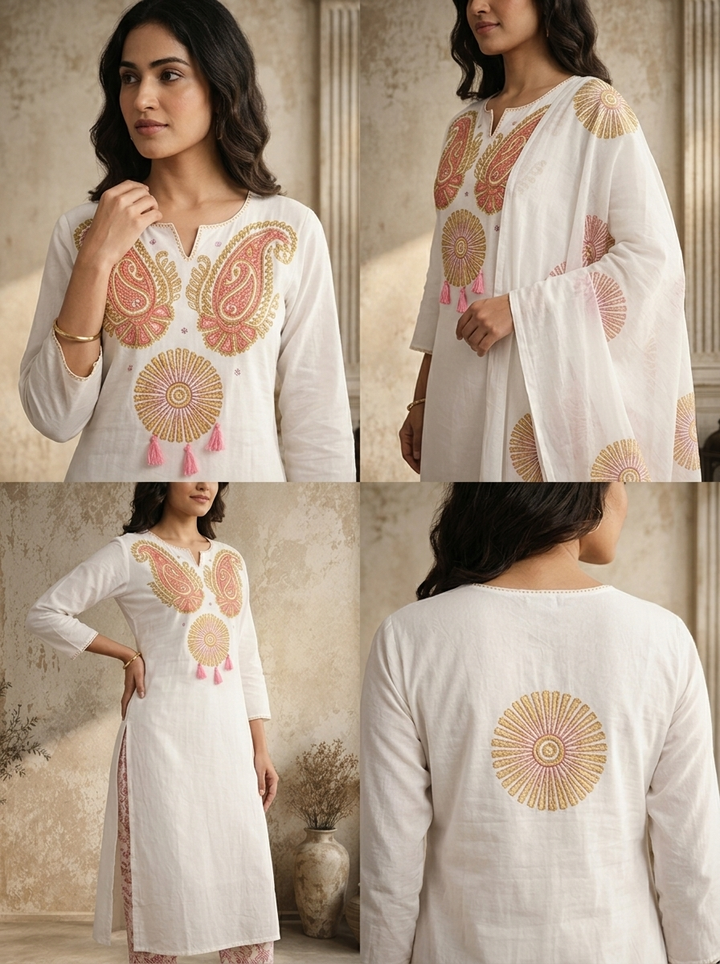 White Cotton Paisley Block Printed Three Piece Set