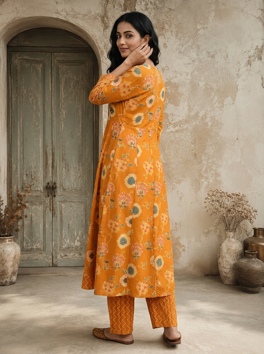 Mustard Rayon Sunflower Floral Printed Three Piece Set