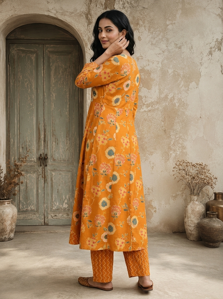Mustard Rayon Sunflower Floral Printed Three Piece Set