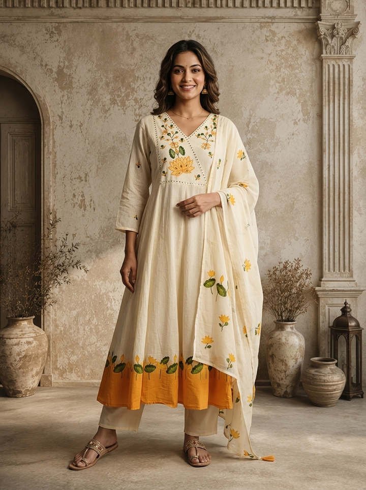 Mustard Crepe Lotus Printed Three Piece Set