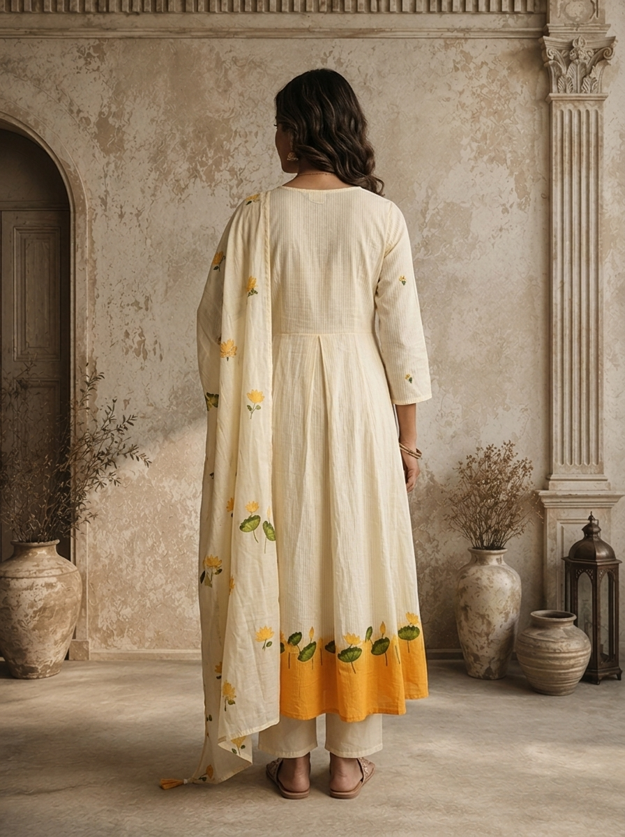 Mustard Crepe Lotus Printed Three Piece Set