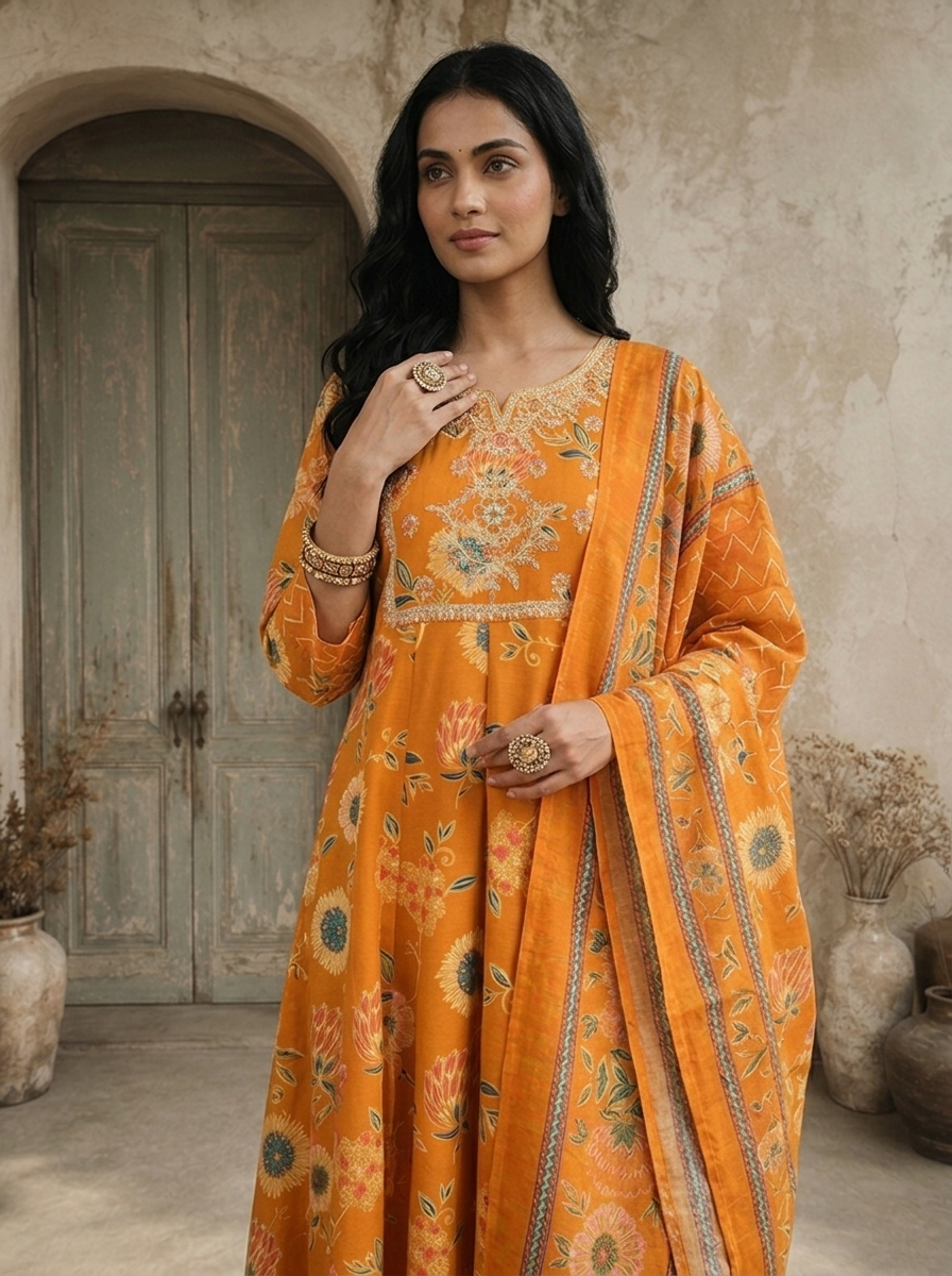 Mustard Rayon Sunflower Floral Printed Three Piece Set