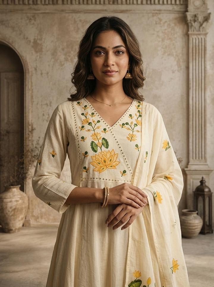 Mustard Crepe Lotus Printed Three Piece Set