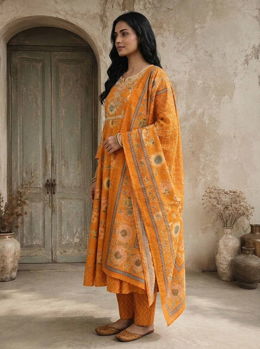 Mustard Rayon Sunflower Floral Printed Three Piece Set