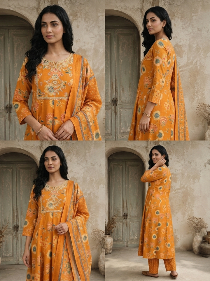 Mustard Rayon Sunflower Floral Printed Three Piece Set