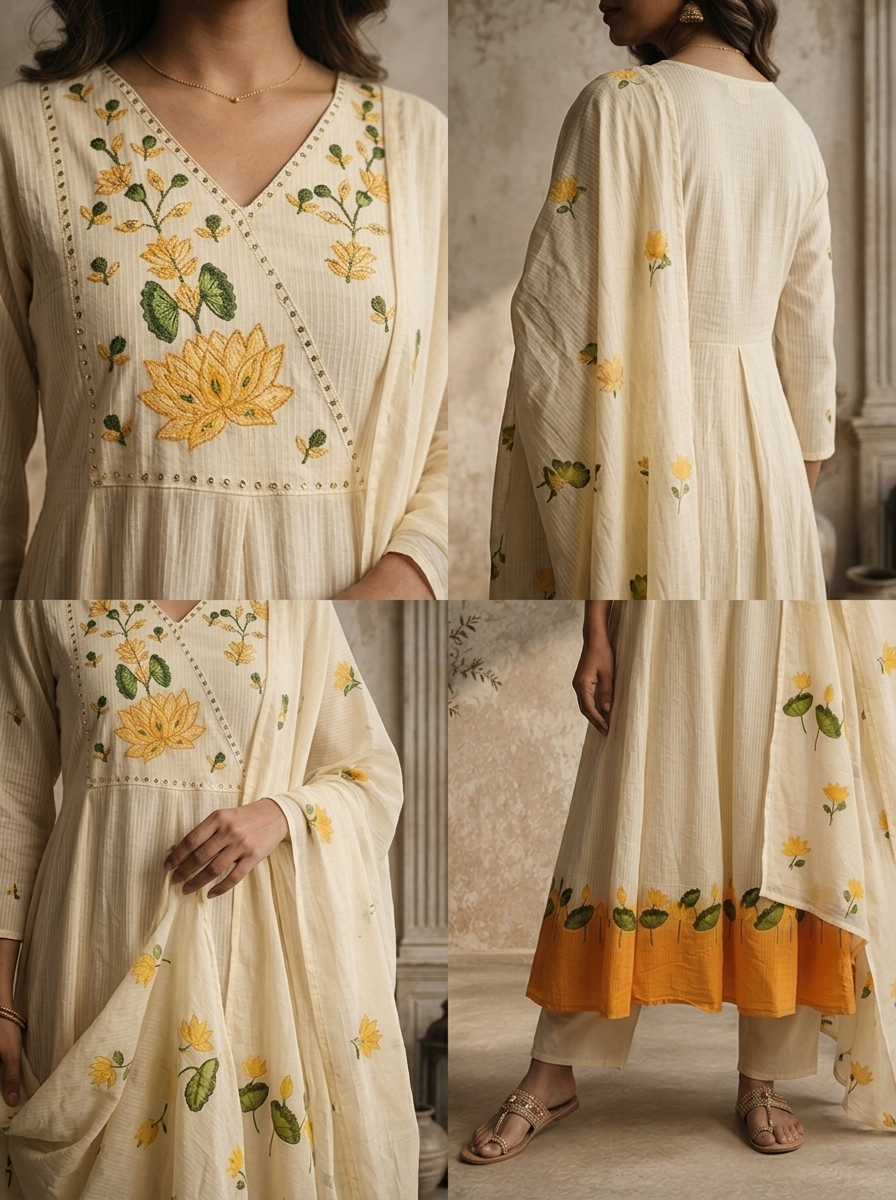 Mustard Crepe Lotus Printed Three Piece Set