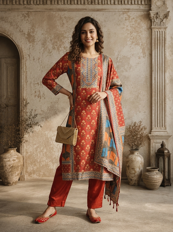 Rust Silk Floral Buti Jaal Printed Three Piece Set