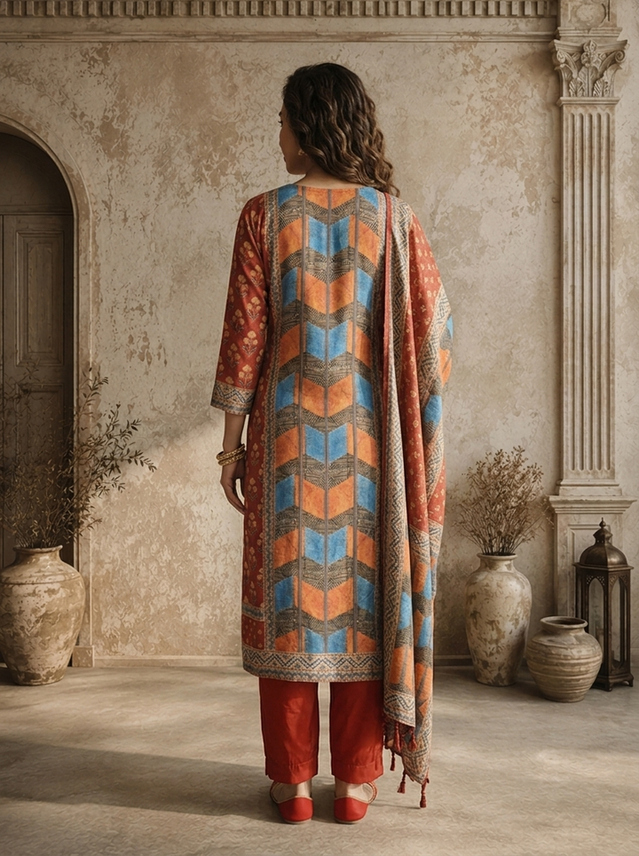 Rust Silk Floral Buti Jaal Printed Three Piece Set