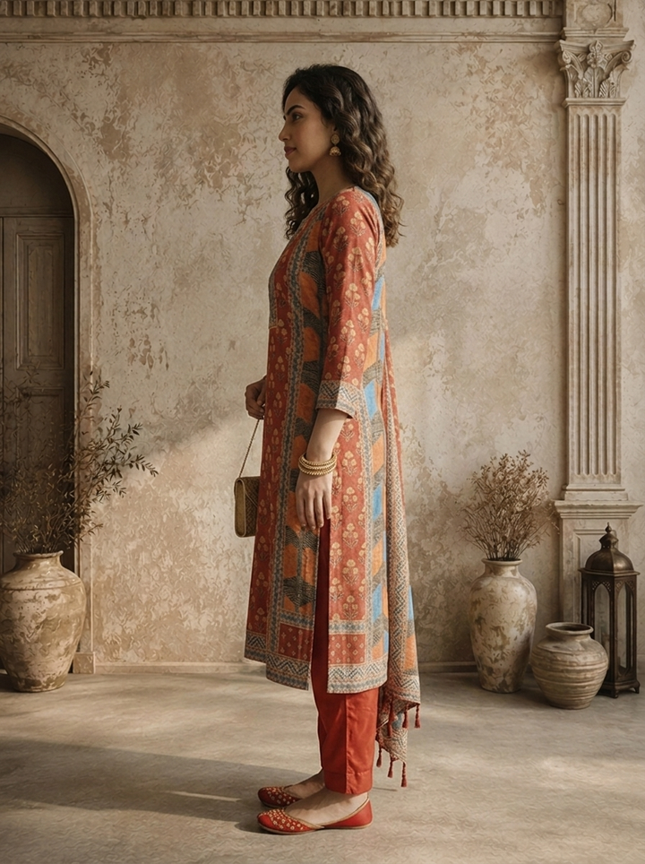 Rust Silk Floral Buti Jaal Printed Three Piece Set