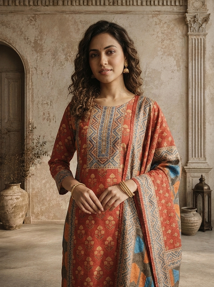 Rust Silk Floral Buti Jaal Printed Three Piece Set