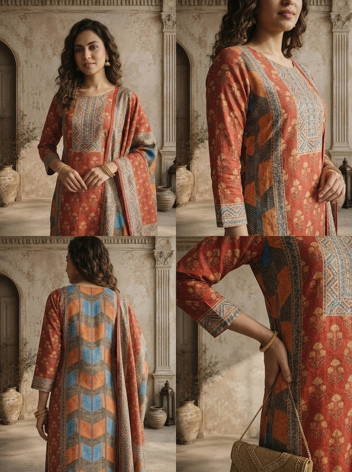 Rust Silk Floral Buti Jaal Printed Three Piece Set
