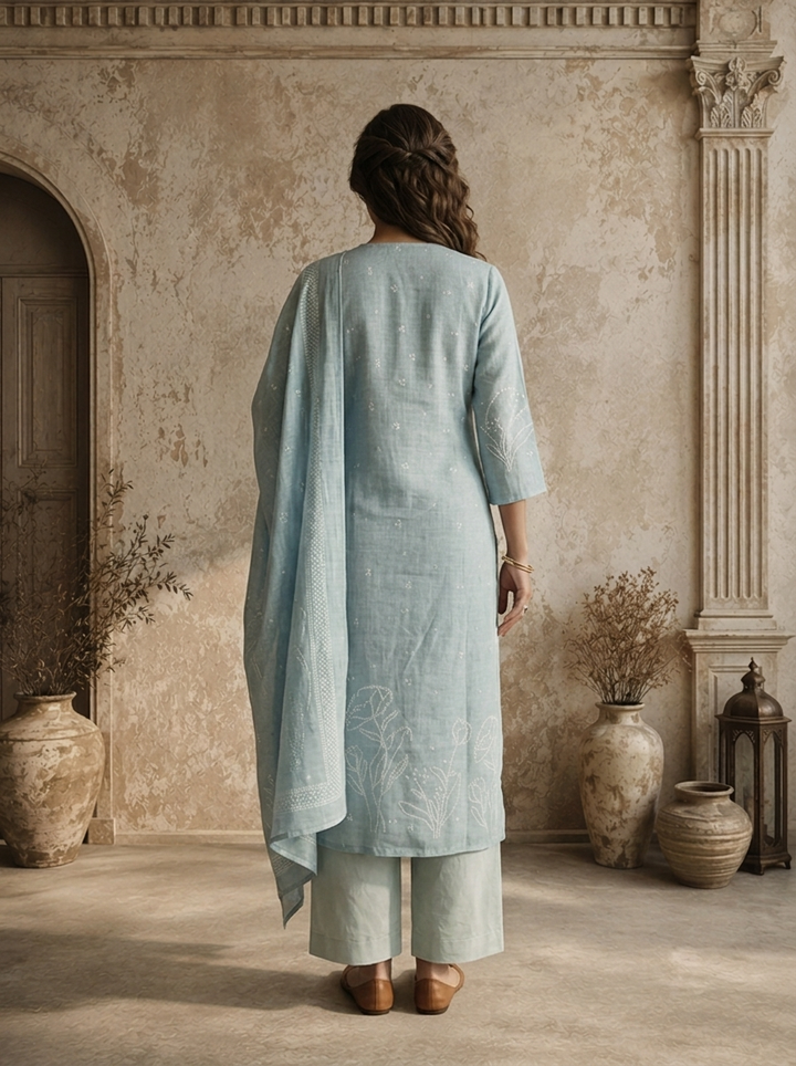 Mint Linen Floral Discharge Printed Three Piece Set