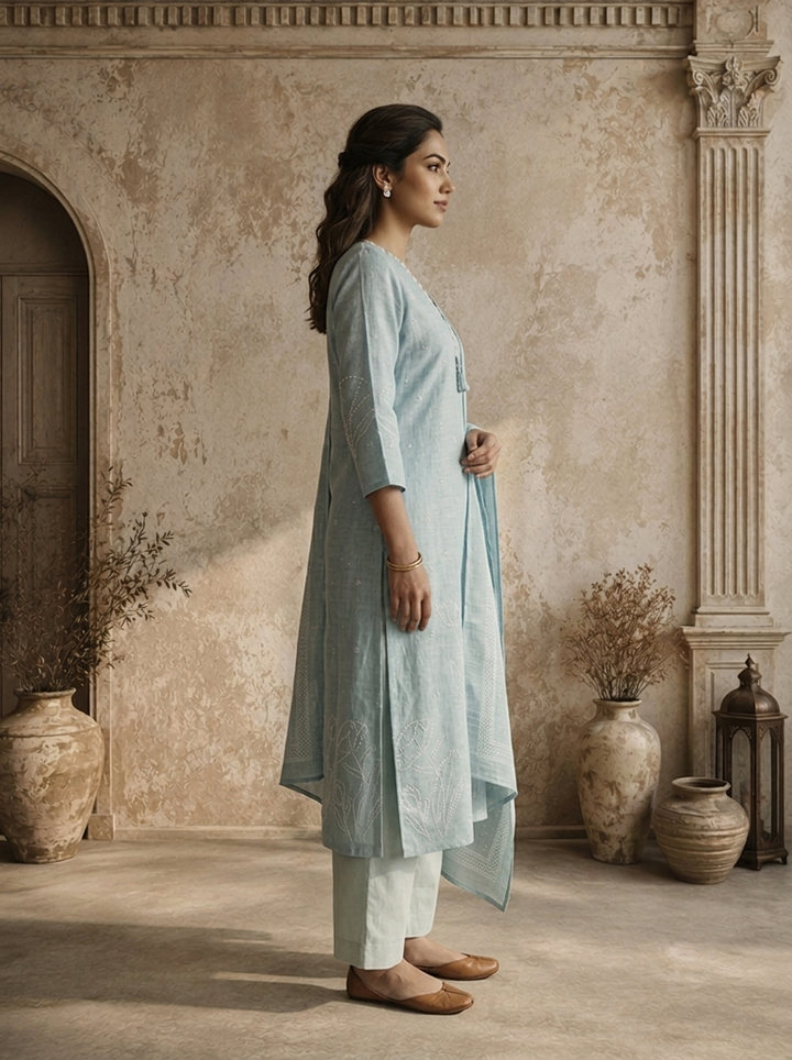 Mint Linen Floral Discharge Printed Three Piece Set