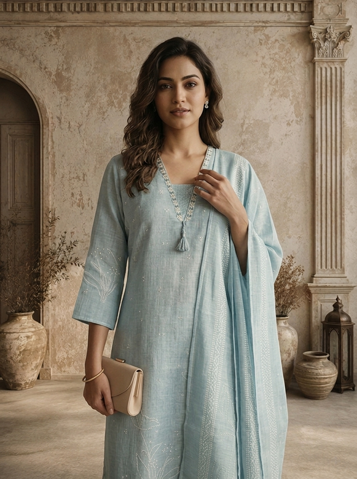 Mint Linen Floral Discharge Printed Three Piece Set