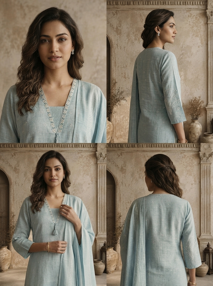 Mint Linen Floral Discharge Printed Three Piece Set