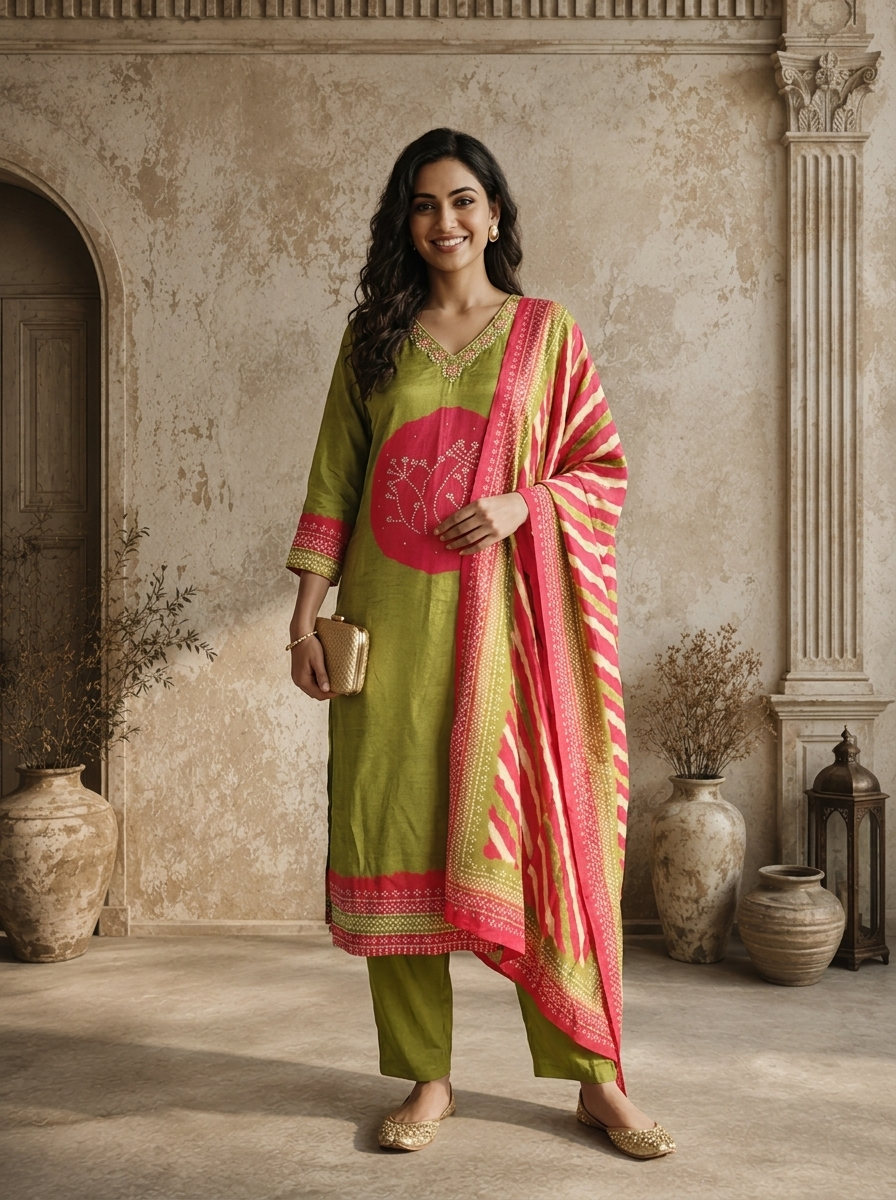 Lime Green Muslin Circular Shibori Printed Three Piece Set