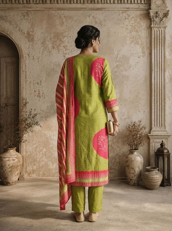 Lime Green Muslin Circular Shibori Printed Three Piece Set