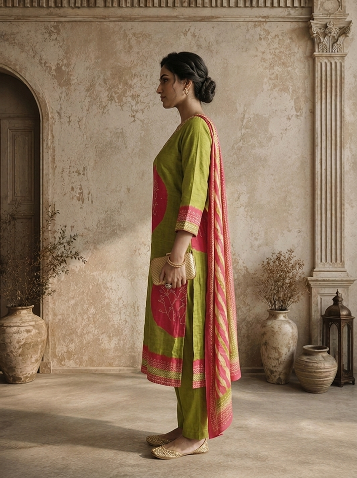 Lime Green Muslin Circular Shibori Printed Three Piece Set