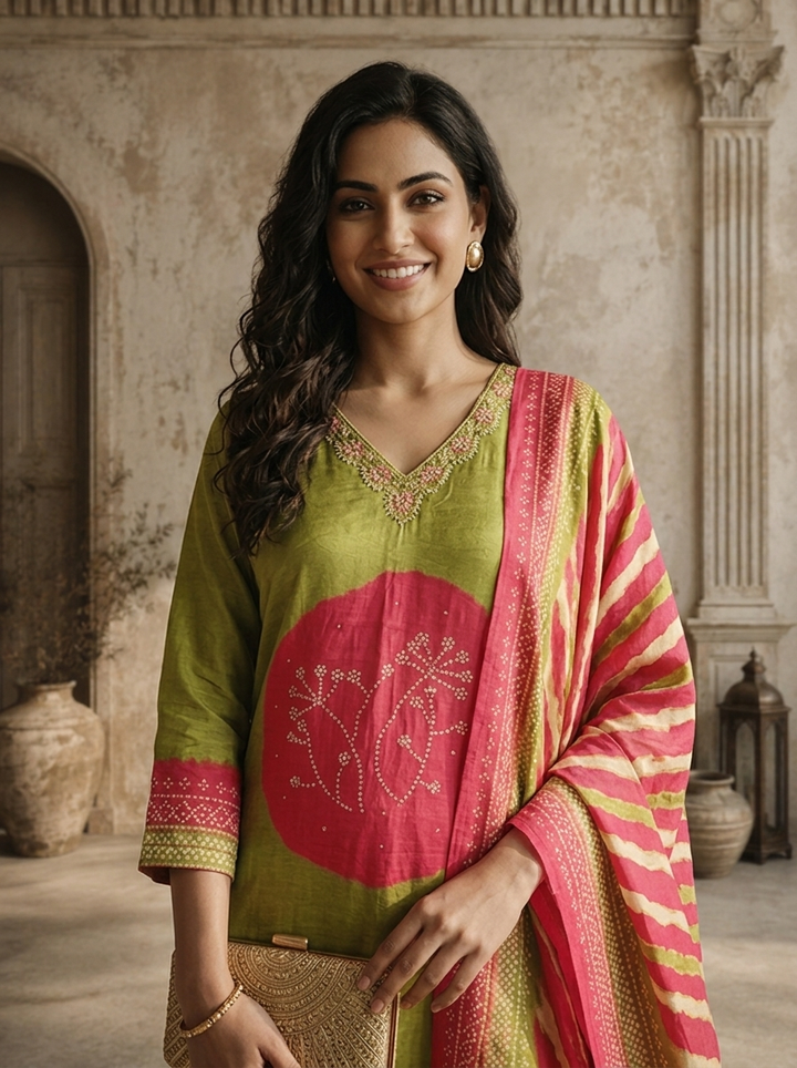 Lime Green Muslin Circular Shibori Printed Three Piece Set