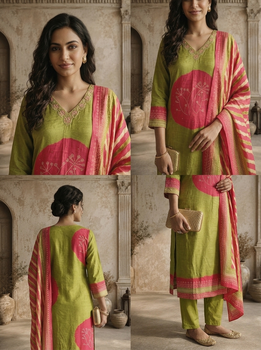 Lime Green Muslin Circular Shibori Printed Three Piece Set