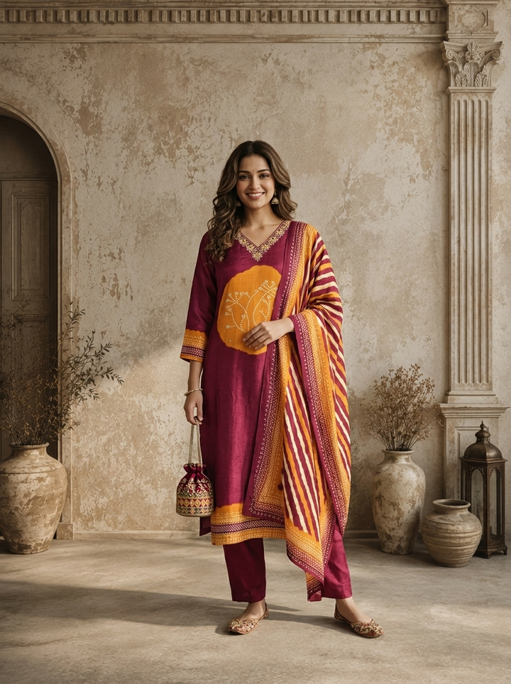 Wine Muslin Circular Shibori Printed Three Piece Set