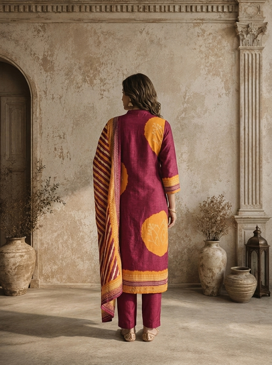 Wine Muslin Circular Shibori Printed Three Piece Set