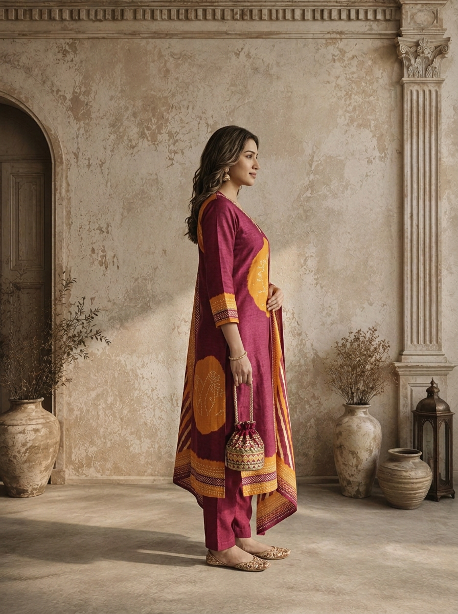 Wine Muslin Circular Shibori Printed Three Piece Set
