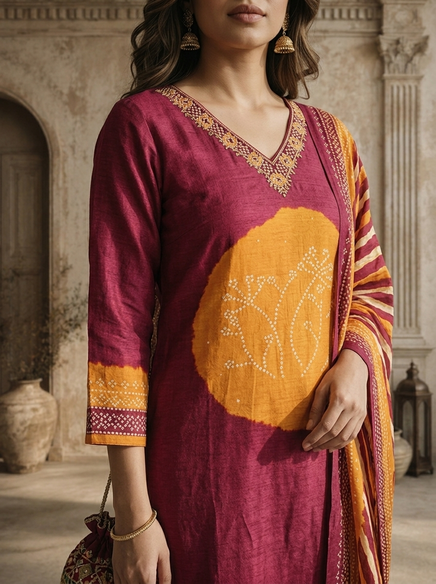 Wine Muslin Circular Shibori Printed Three Piece Set