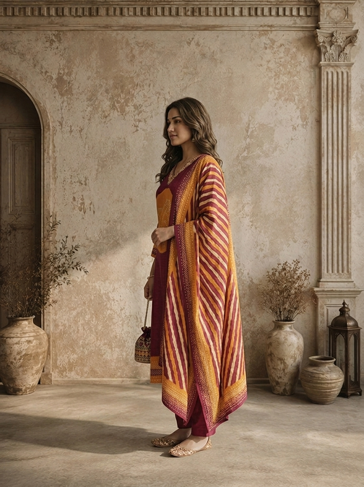 Wine Muslin Circular Shibori Printed Three Piece Set