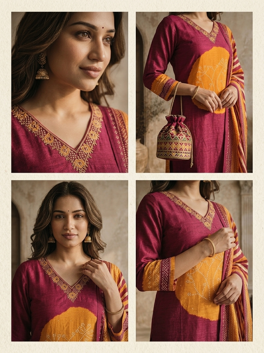 Wine Muslin Circular Shibori Printed Three Piece Set