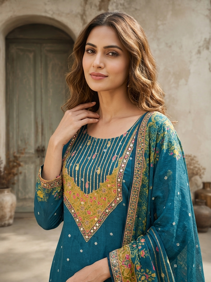 Peacock Chinon Ethnic Printed Three Piece Set