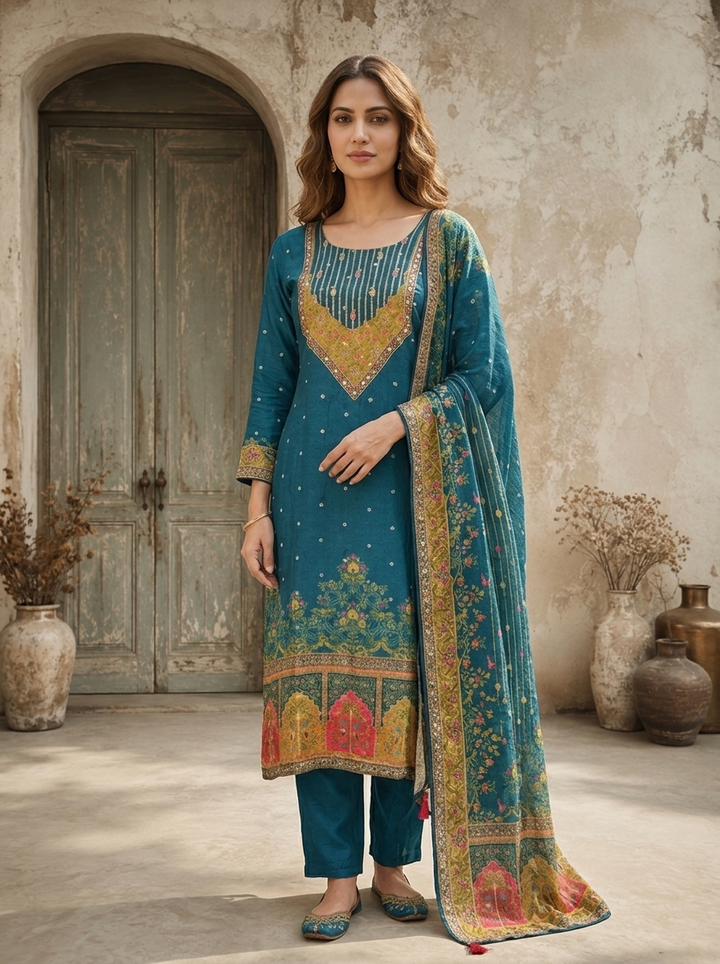 Peacock Chinon Ethnic Printed Three Piece Set
