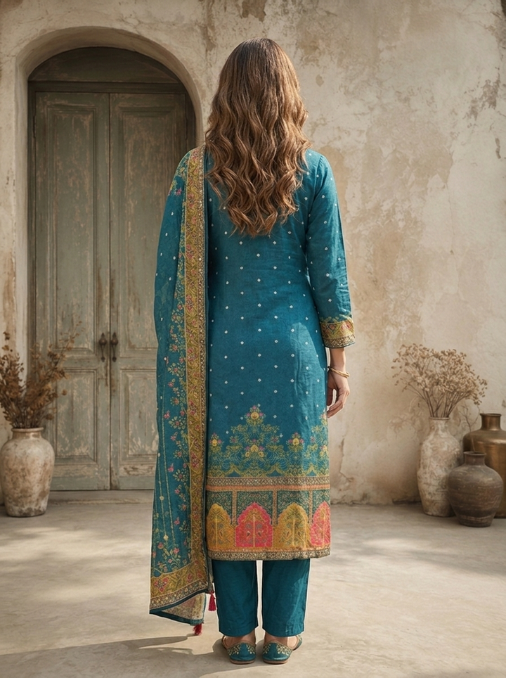 Peacock Chinon Ethnic Printed Three Piece Set