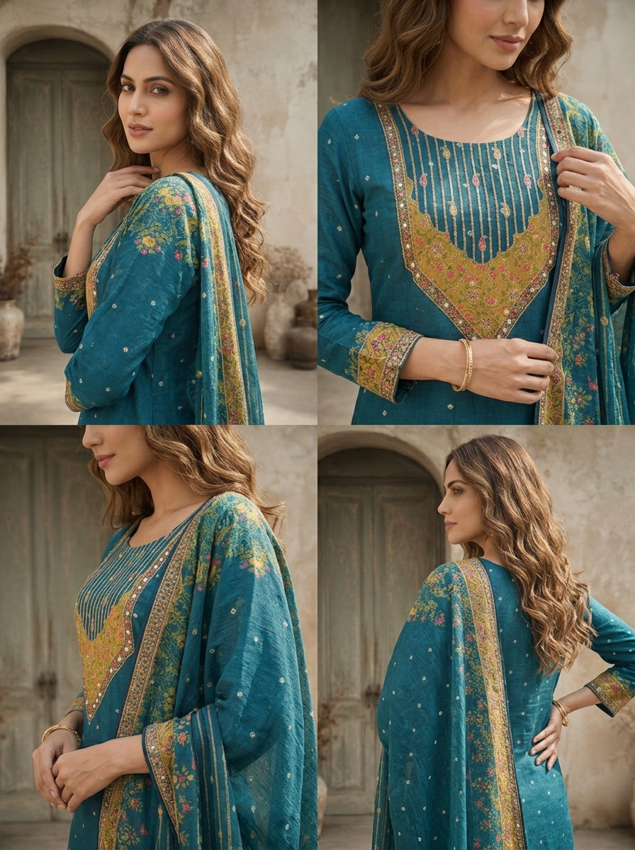 Peacock Chinon Ethnic Printed Three Piece Set